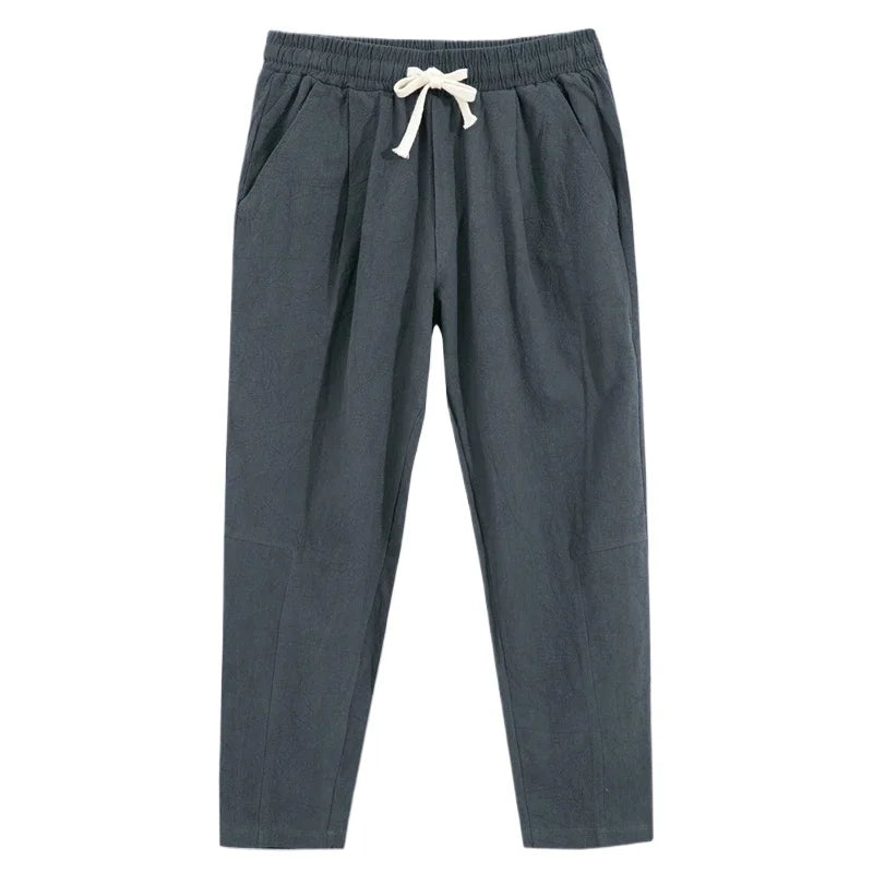 Mens Lightweight Cotton Pants Casual Solid Color Sweatpants Straight Drawstring Baggy Streetwear Breathable Ninth Pants