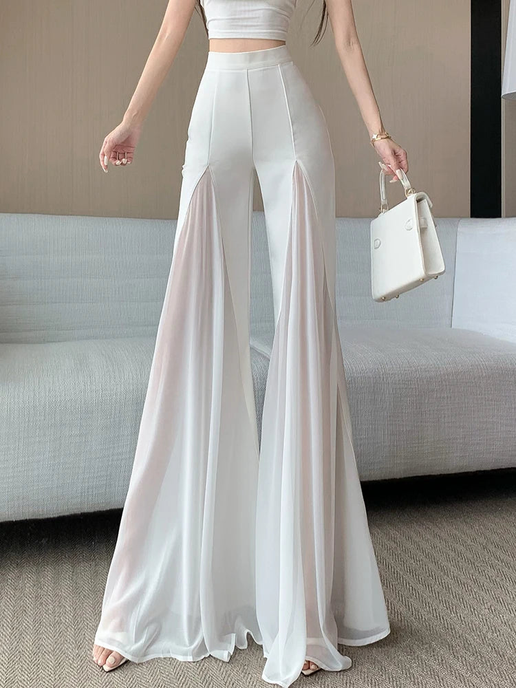 White mesh fishtail flared pants women summer thin design high waist hanging feeling elegant chiffon wide leg casual pants