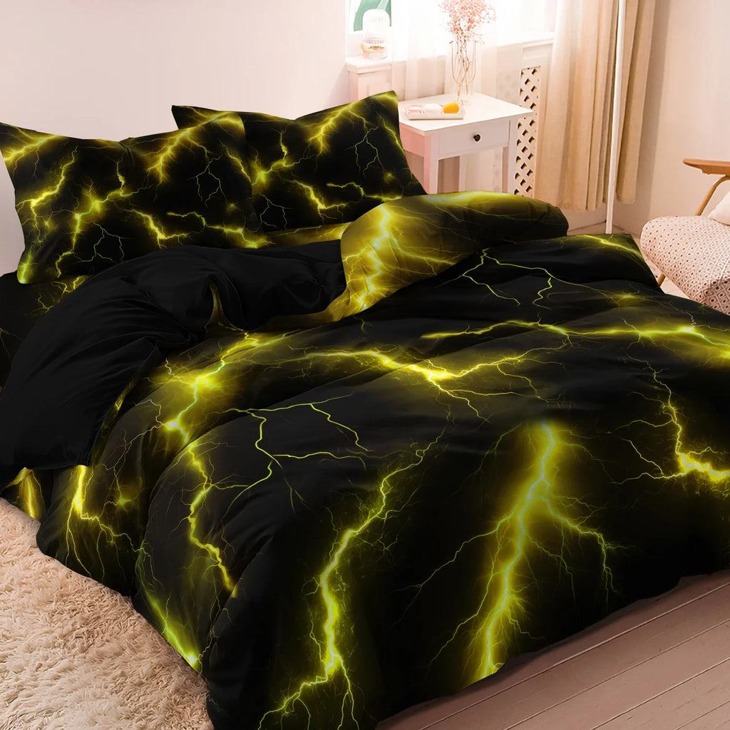 3Pcs Lightning Thunder Pattern Print Duvet Cover Bedding Set Soft Breathable For Four-seasonBedroom Dormitory Decorative