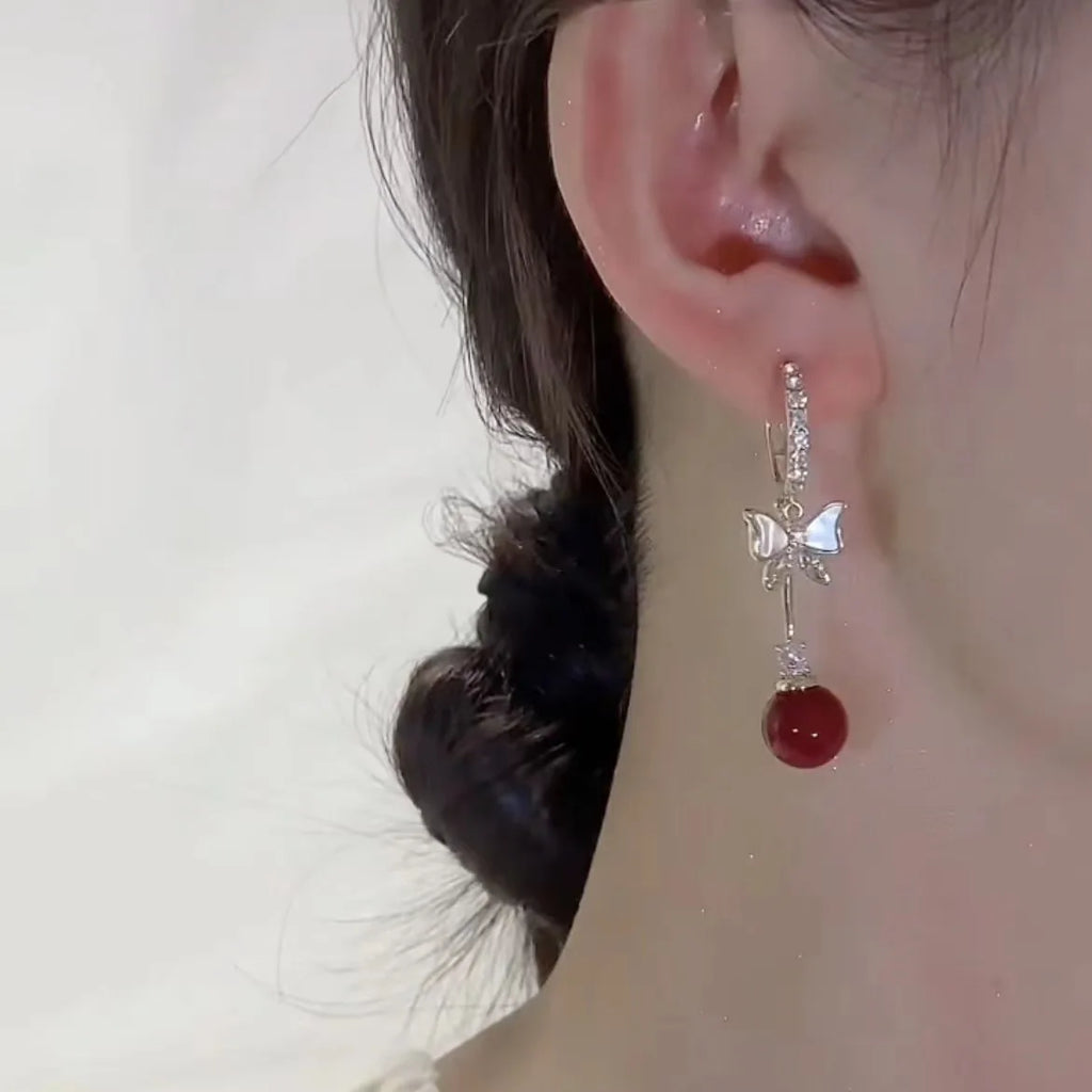 Elegant Red Zircon Butterfly Drop Earrings for Women Temperament Sweet Metal Bow Earrings Fashion Charms Jewelry Accessories