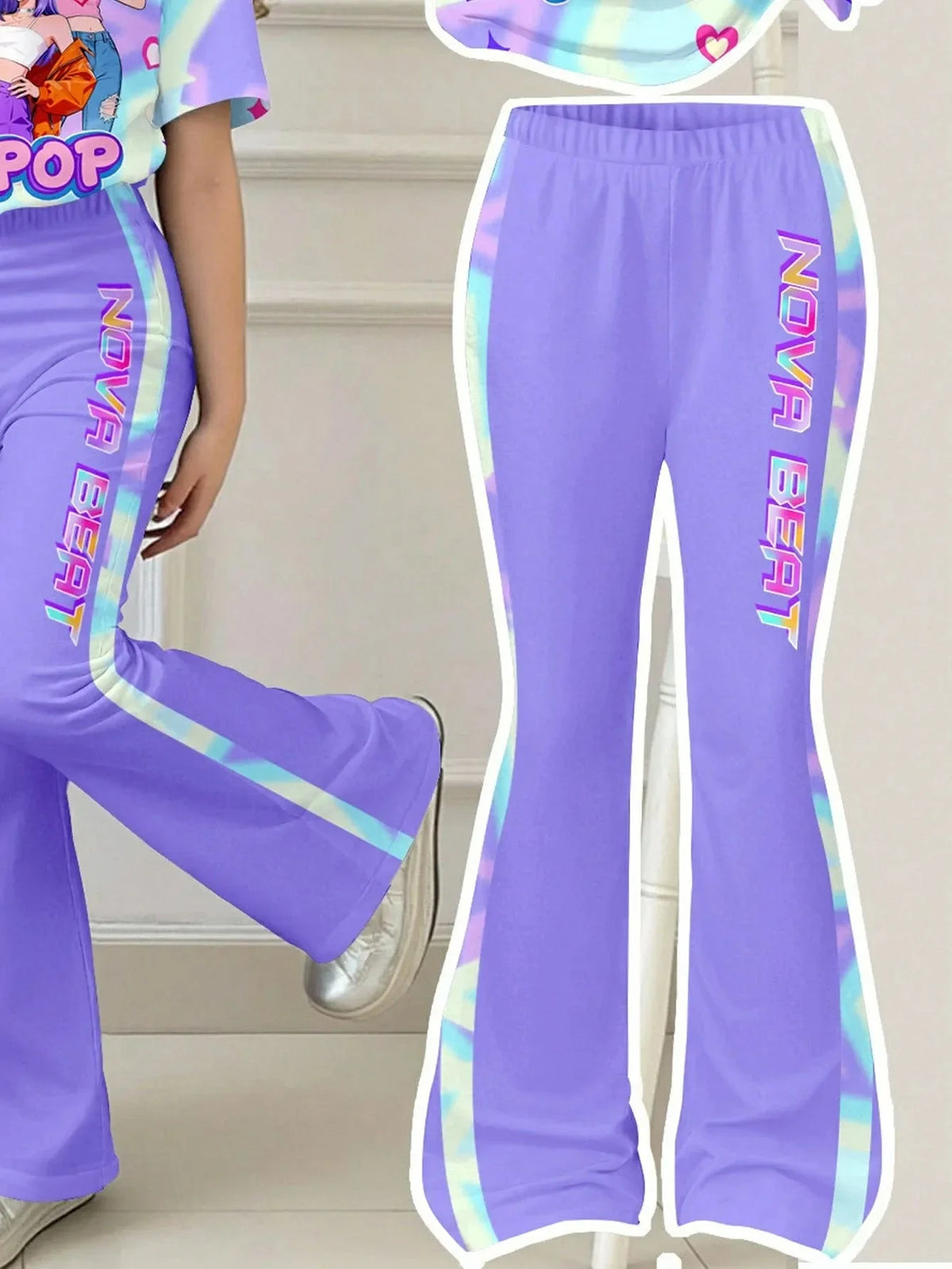Girl K-Pop Cartoon Idol Print 2-piece Set Pink Tie Dye Short Sleeved T-shirt Purple Flared Pants Children's Casual Sportswear
