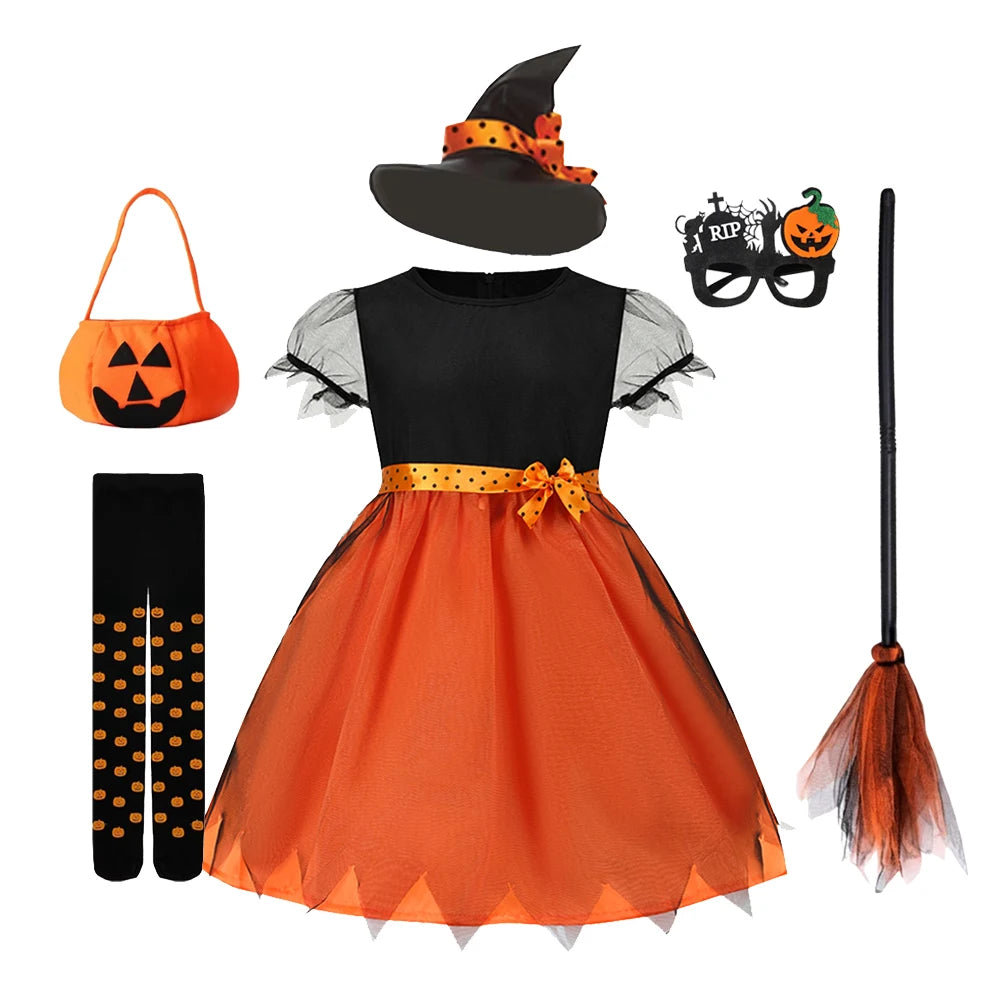 2026 Girls Halloween Cosplay Pumpkin Clothes Witch With Hat Costume Carnival Party Cosplay Dress Clothes Infant Costume