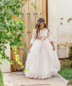 Graceful Lace Princess Flower Girl Dress 2-14 Kids 3/4 Sleeves 3D Flower Belt Wedding Party Gown First Communion Dress Custom