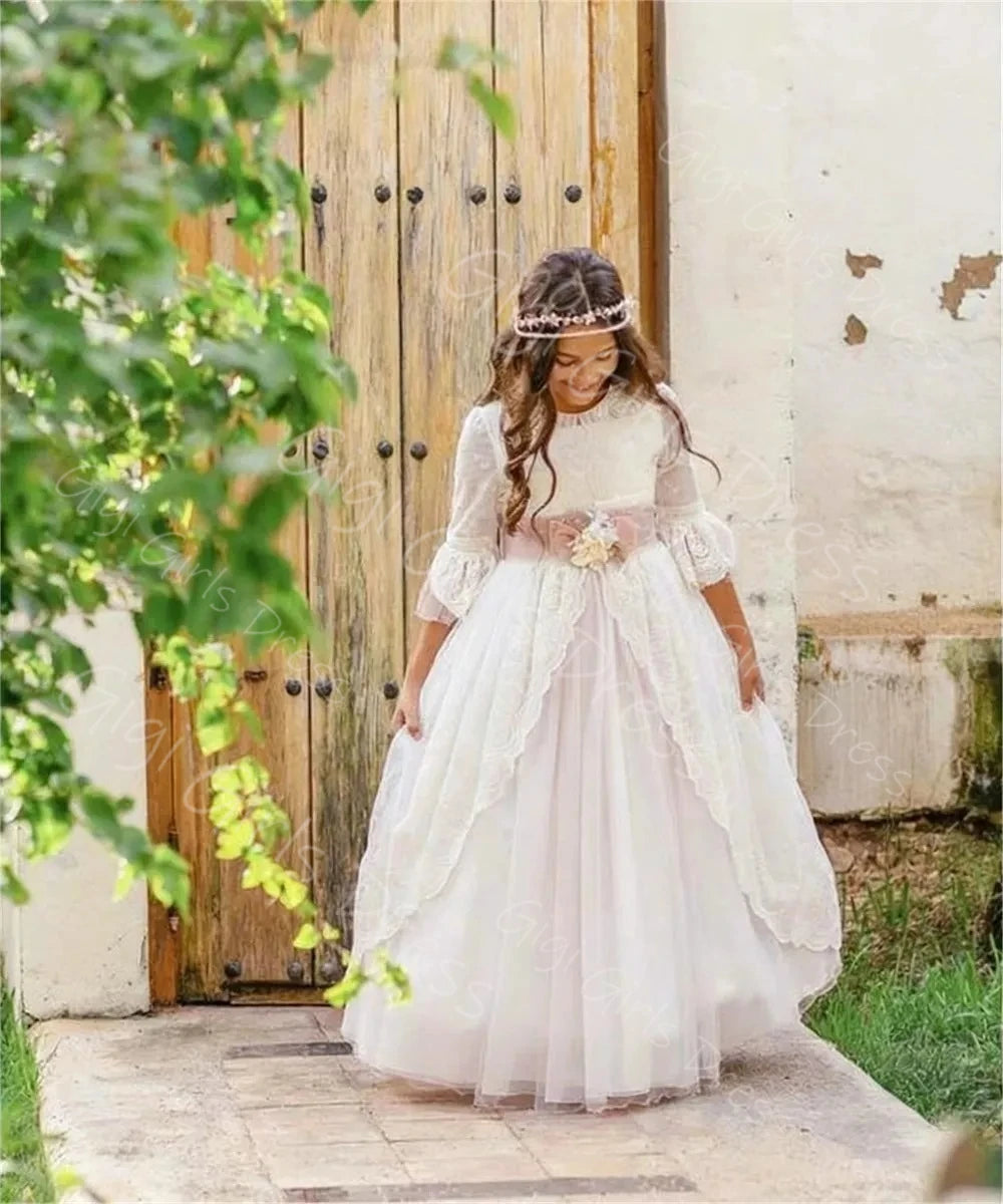 Graceful Lace Princess Flower Girl Dress 2-14 Kids 3/4 Sleeves 3D Flower Belt Wedding Party Gown First Communion Dress Custom