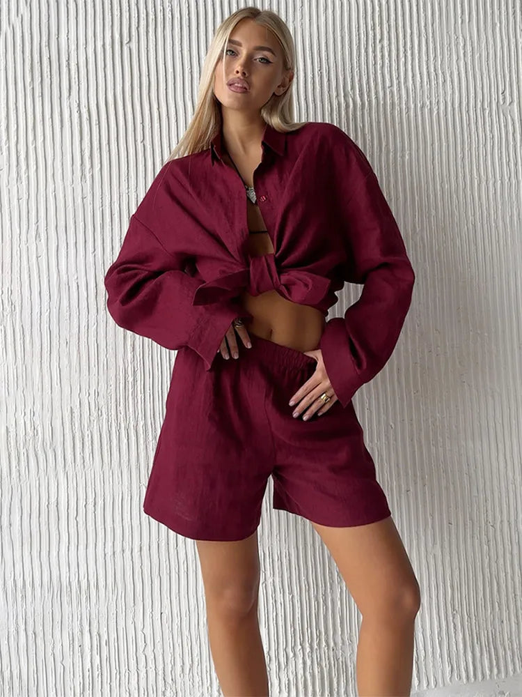 2026 Women Casual Solid Cotton Linen Pant Set Chic Laple Single Breasted Long Sleeve Shirt Elasticity Waist Pant New 2 Piece Set