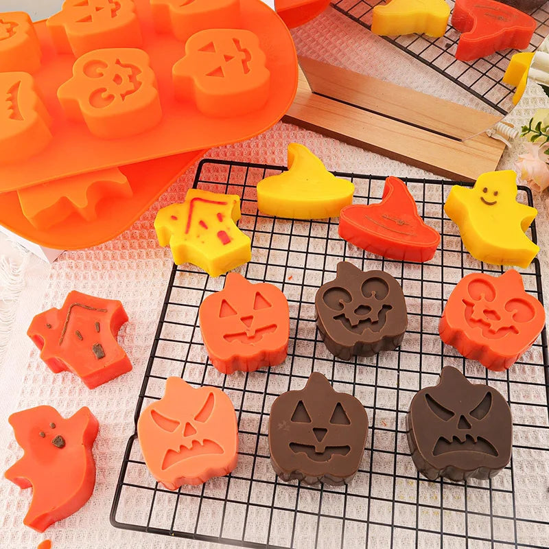 Pumpkin Silicone Halloween Cake Chocolate Mould Silicone with Ghost Pumpkin Bat & Witch Hat Cookie Mold for Ice Cube Baking Mold