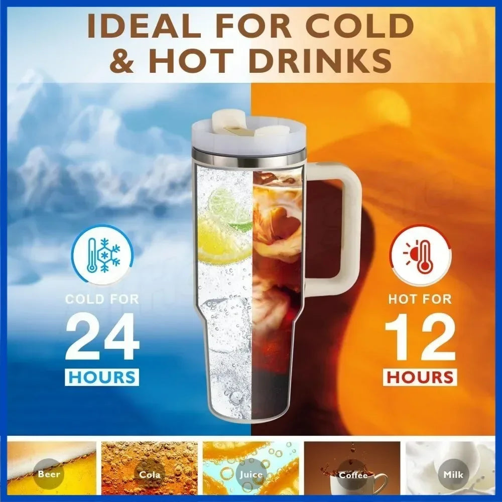 40oz Insulated Tumbler With Handle Straw 2.0 Vacuum Stainless Steel Thermal Mug For Coffee Tea Hot Cold Car Travel Cup Leakproof