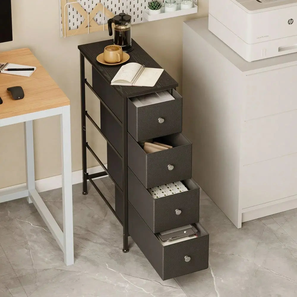 SpaceSaving Narrow Dresser Tower With 4 5 Drawers, Black Storage Chest With Sturdy Steel Frame Wood Tabletop, Versatile Organiz