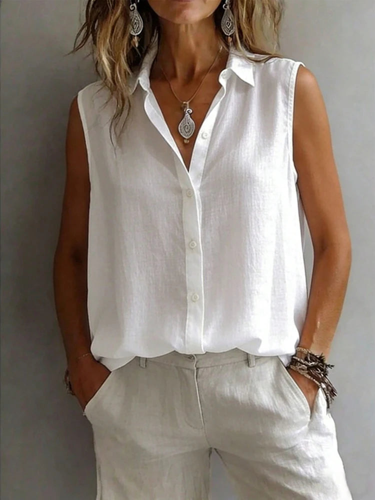 Fashionable and Elegant Sleeveless Collared Shirt for Women, Versatile Loose Casual Commuter Tank Top, Solid Color Button-Front Daily Wear