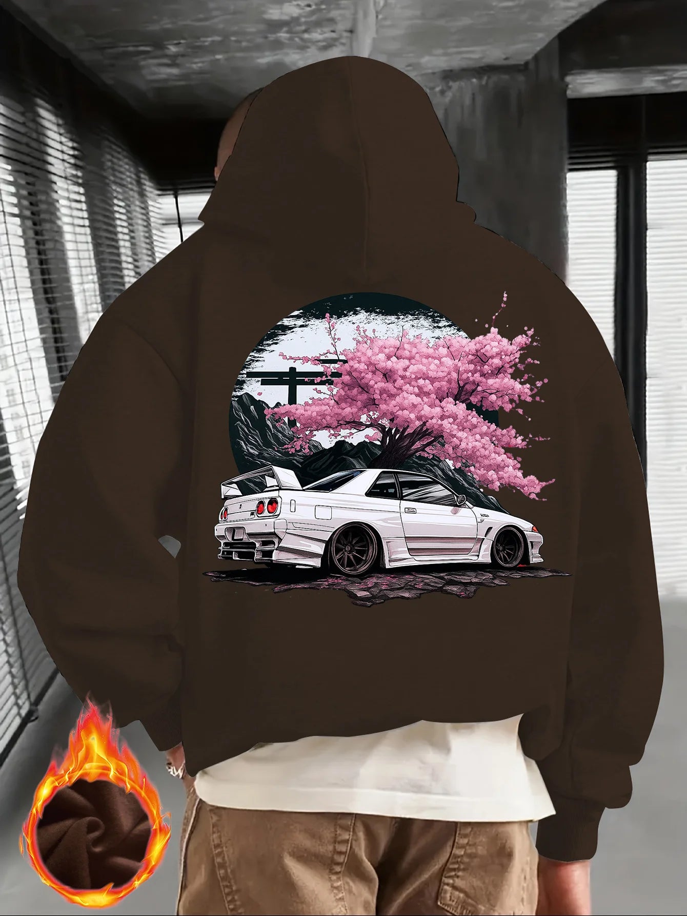 Men's Black Hoodie with White JDM Car and Pink Cherry Blossom Back Print, Japanese Street Style Pullover