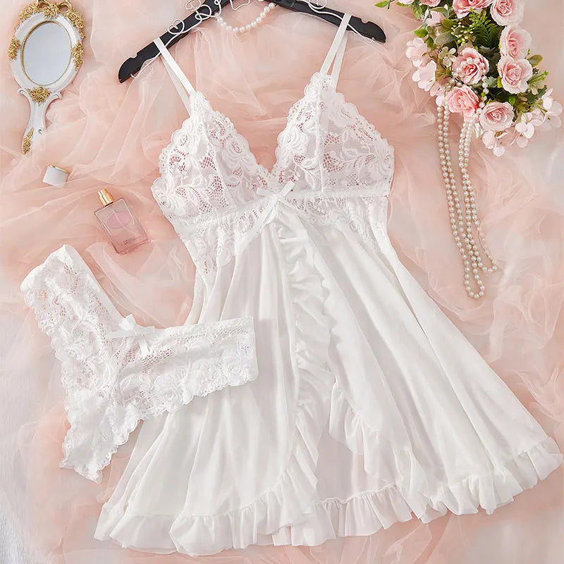 Suspender Suit Summer Ultra-thin Nightgown Lace Thong Sets Women's Sexy Pyjamas Lingerie Hot Night Dress Comfortable Sleepwear