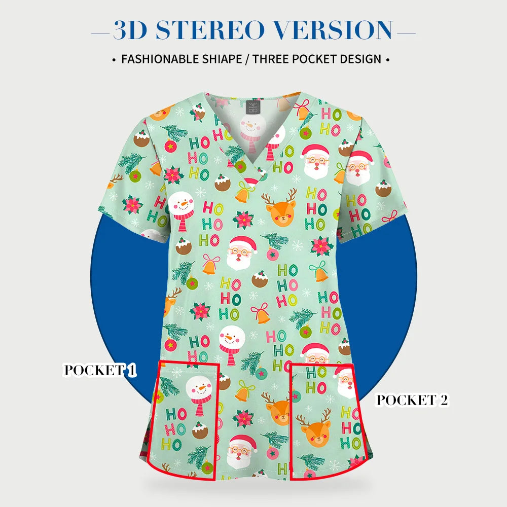 Christmas Print Scrubs Tops Women Short Sleeve V-neck Blouse Nurse Uniforms T-Shirt Medical Working Uniform Veterinary Workwear