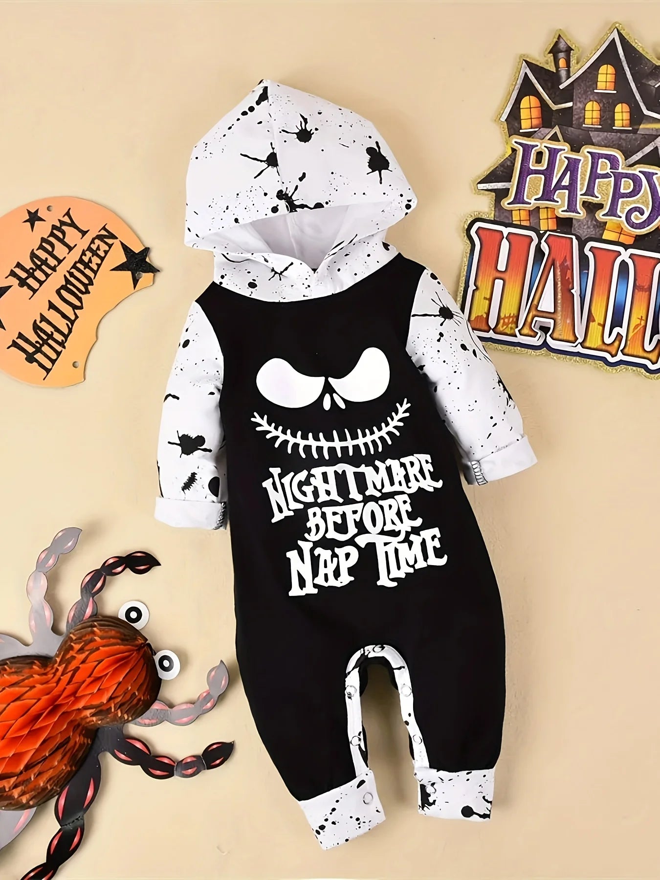Newborn Infant Baby Girl Boy Clothes  Halloween Baby Romper Long-Sleeve Hoodies Cotton Nightmare Print Jumpsuit 0-18Months