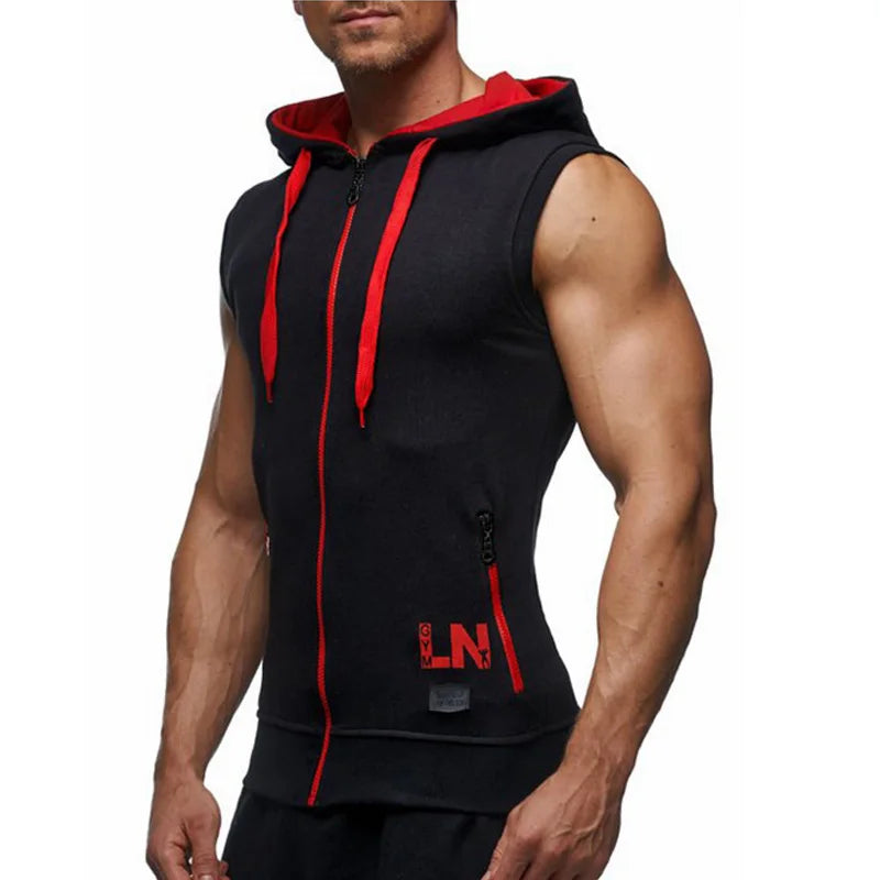 Men's Tank Top Summer Men's Clothing Casual Solid Sleeveless Tank Tops Hooded Zipper Men's Vest Bodybuilding Sportswear M-XXXL