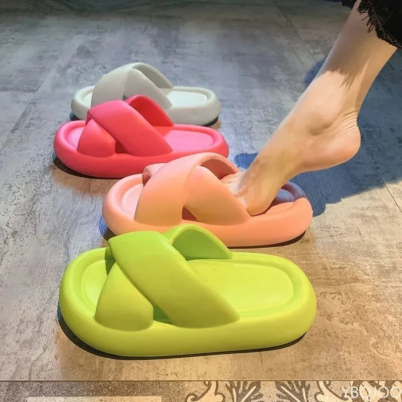 Summer Outdoor Leisure Non slip Beach Cross Belt Women's Slippers Home Thick Bottom Home Stepping Shit Feel Bathroom Slippers