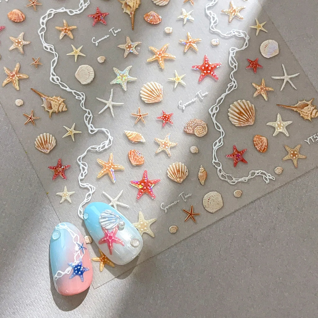 Shell Light Starfish Shell Nail Stickers Cute Starfish Decorative Stickers For Nails DIY 3D Self Adhesive Summer Manicure Decals