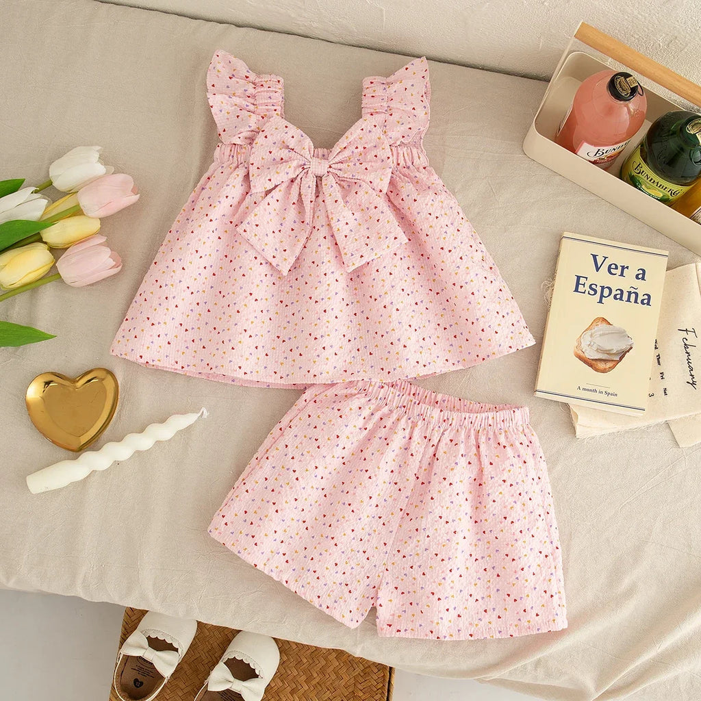 2-piece Summer Sleeveless Love Baby Girl Set Bow Tie Camisole Top+shorts 0-3 Years Old Baby Set Holiday Children's Clothing
