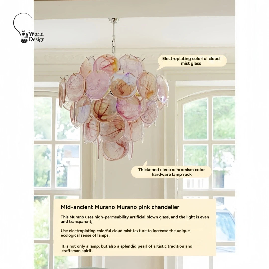 Italy Murano Pink Glass Chandeliers for Dining Living Room Vintage Glass Pendant Lights Chandeliers for Bedroom Kitchen Island