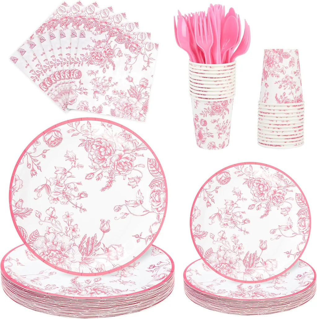 175Pcs Pink Floral Paper Plates and Napkins 25 Guests Pink White Toile Chinoiserie Party Supplies Set Include Plates Napkins