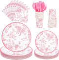 175Pcs Pink Floral Paper Plates and Napkins 25 Guests Pink White Toile Chinoiserie Party Supplies Set Include Plates Napkins