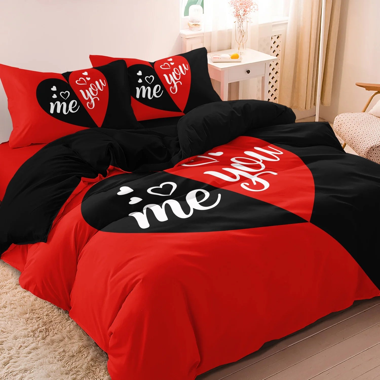 3pcs Heart Print Duvet Cover Set, Red Black Couple Print Bedding, Love Themed Room Decor, Romantic Heart Design Festival Gift
