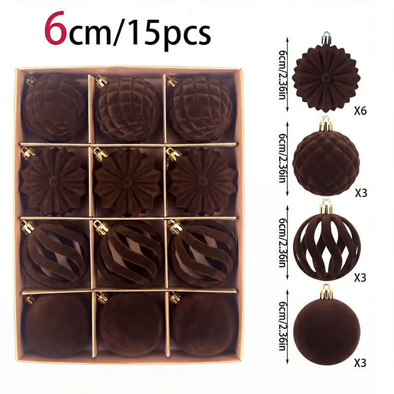 6CM Christmas Balls Set 15PCS Soft Velvet Flocked Ball Ornaments 4 Shapes Christmas Tree Decorations Home Gift Holiday Decor