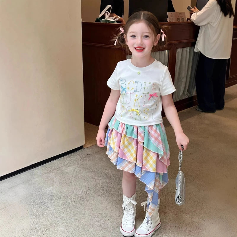 Sweet Two-piece Set for Girls 2026 Summer New Design Multi-color Striped T-shirt and Irregular Skirt