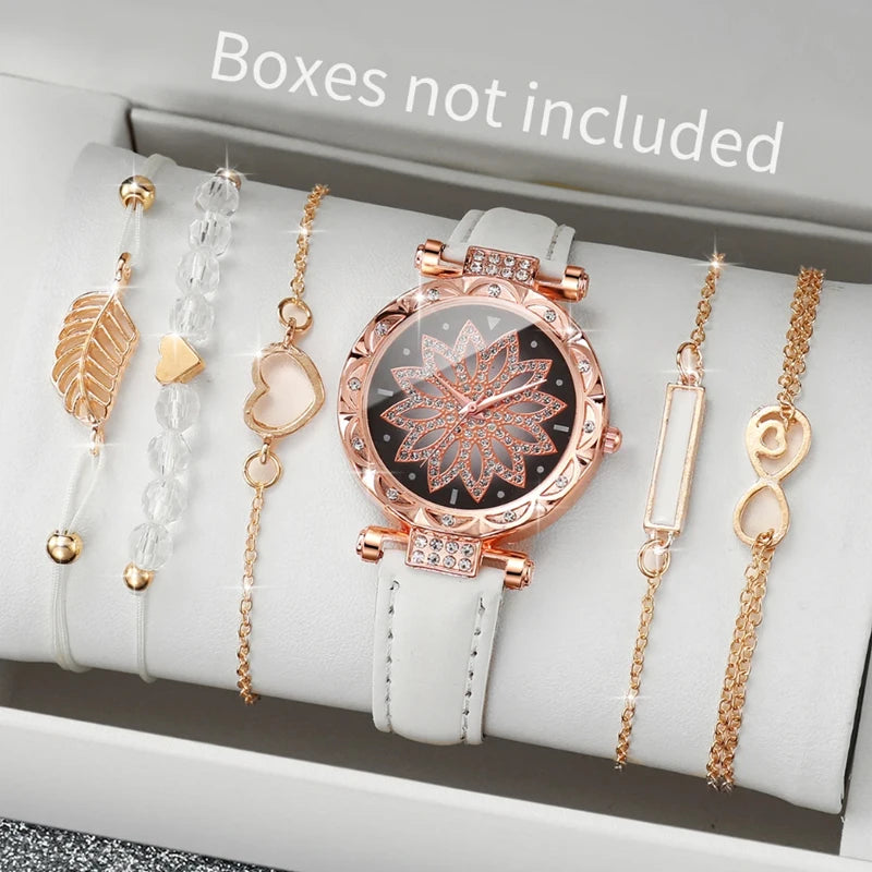 6PCS/Set Fashion Heart Dial Women's Watch Casual Leather Band Analog Quartz Watch Leaf Bracelets Set（Without Box）