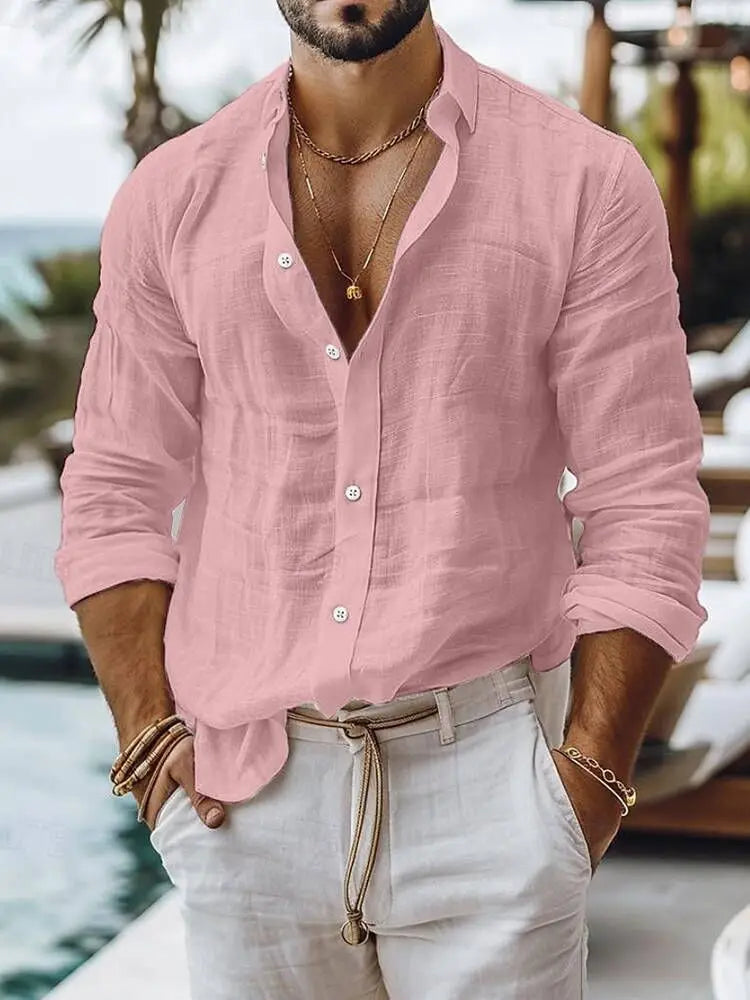 Casual Breathable Loose Cotton Linen Shirt Mens Spring Autumn Leisure Solid Color Cardigan Tops Men Vintage Button Lapel Shirts