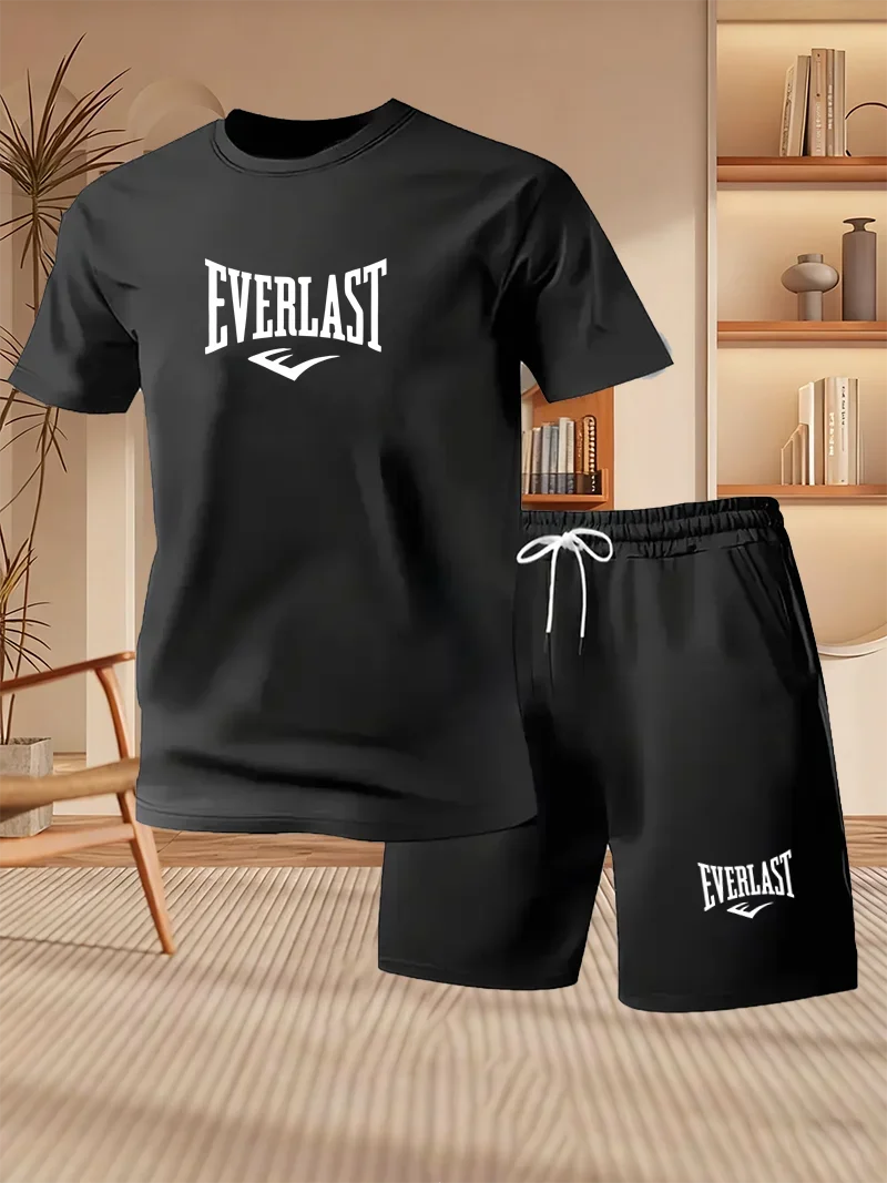 Men's Summer Running Breathable Sportswear, Short Sleeved T-shirt+printed Shorts Two-piece Set, Casual/fitness/home 2-piece Set