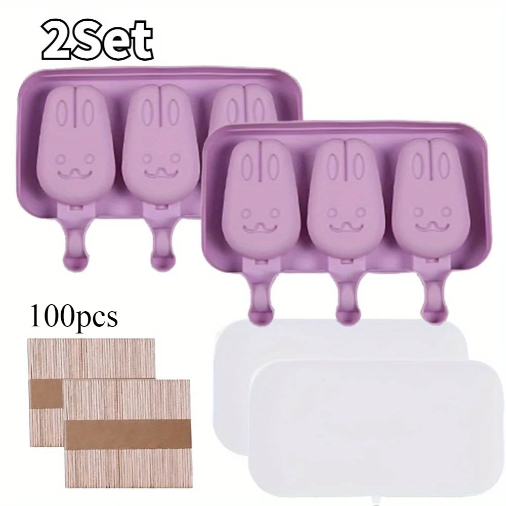 Silicone Ice Cream Mold Popsicle Siamese Molds with Lid DIY Reusable Ice Lolly Mold Cartoon Cute Image Handmade Easy Release