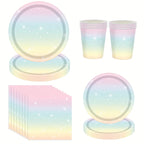 Pastel Rainbow Party Supplies Disposable Tableware Set Starry Gradient Paper Plates Cups Napkins for Kids Birthday Baby Shower
