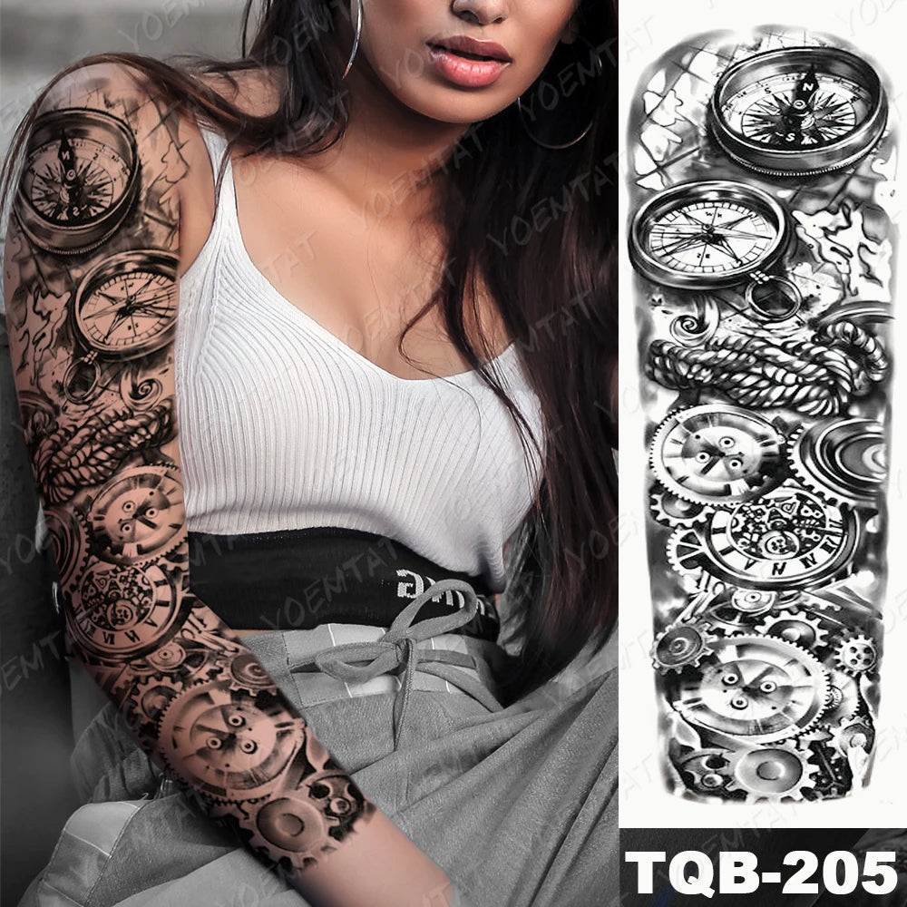 Large Arm Sleeve Tattoo Gun Rose Lion Waterproof Temporary Tattoo Sticker Clock Flower Waist Leg Body Art Full Fake Tatoo Women