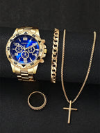 Gold alloy men's business steel bracelet quartz watch and chain bracelet necklace ring set - a birthday gift for him
