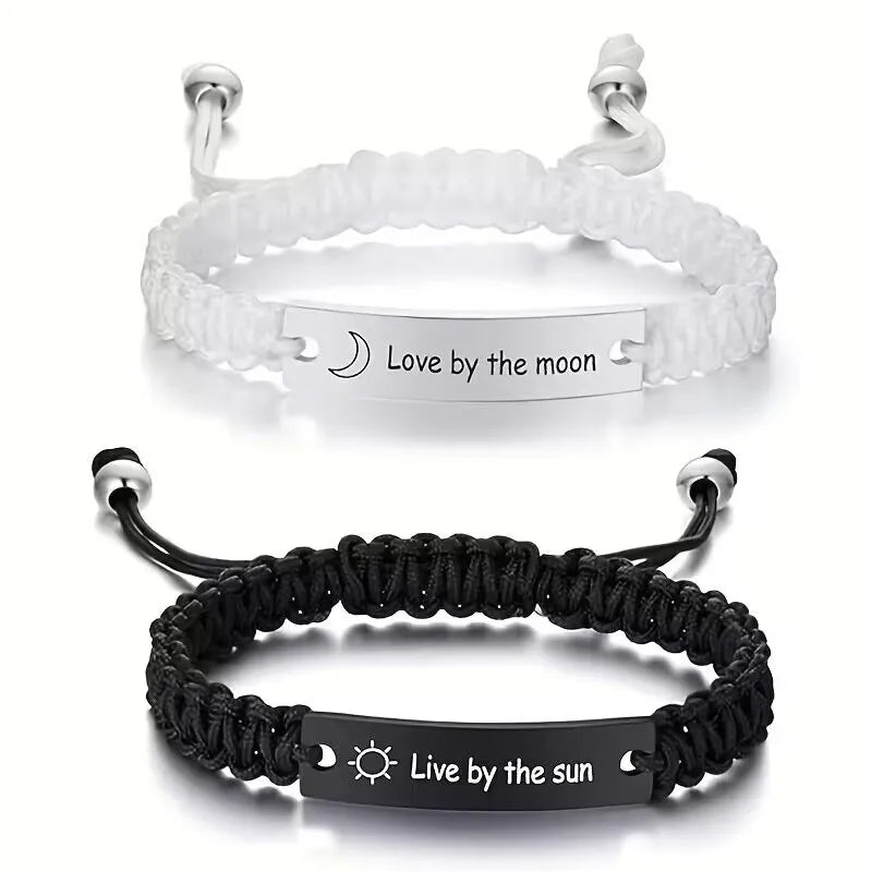 2 Pcs Handmade White Black Braided Rope Bracelet Set Adjustable Stainless Steel Couple Bracelets Valentine's Day Gifts