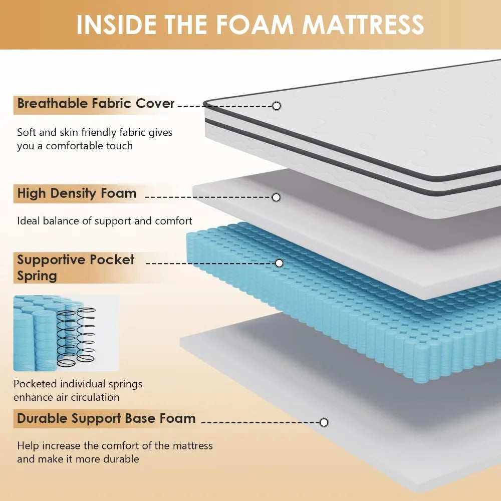 Mattress | Medium Firm Hybrid Mattress | with High-Density Foam and Breathable Cover | Pocket Spring Design Customized