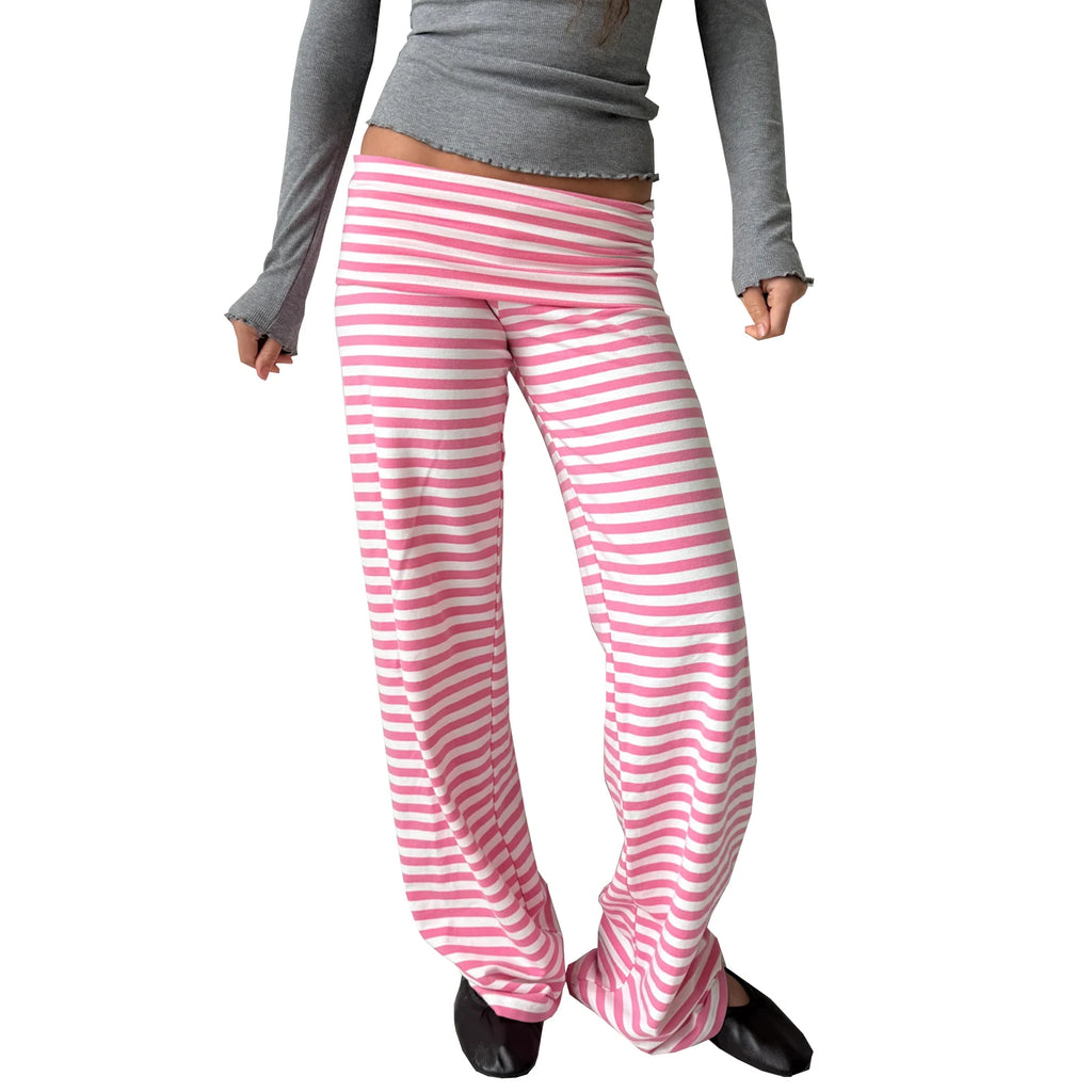Women Summer y2k Vintage Striped Print Wide Leg Yoga Pants Fold Over Low Waist Casual Slim Loungewear Pants Trousers Streetwear