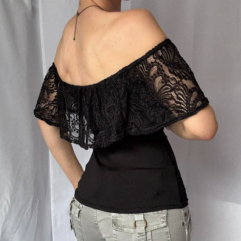 [RUOKE] Sexy Off Shoulder Lace Crop Top Women Ruffle Blouse Summer Slash Neck T-shirt Slim Fit Tube Top Going Out Party Date Y2K