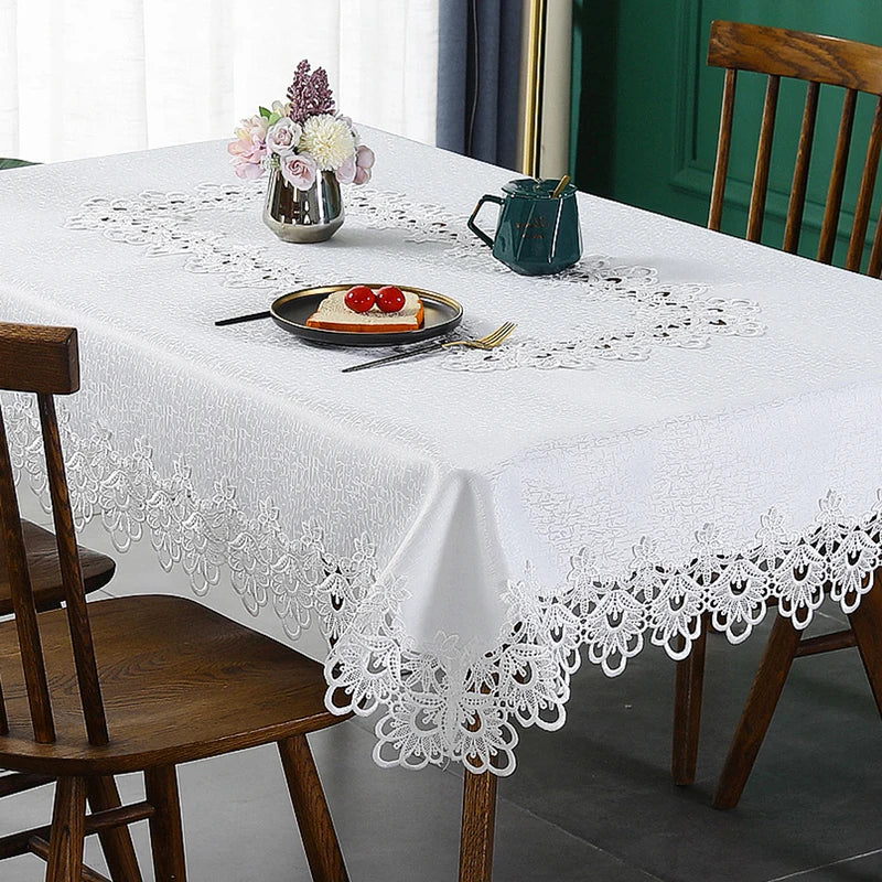 Battilo Lace Embroidery Tablecloth White Floral Rectangle Table Cloth Waterproof Table Cover For Dining Table Wedding Party Home