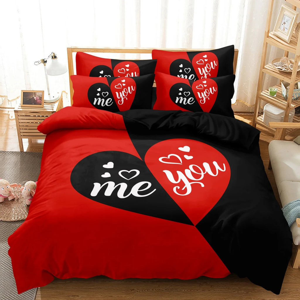 3pcs Heart Print Duvet Cover Set, Red Black Couple Print Bedding, Love Themed Room Decor, Romantic Heart Design Festival Gift