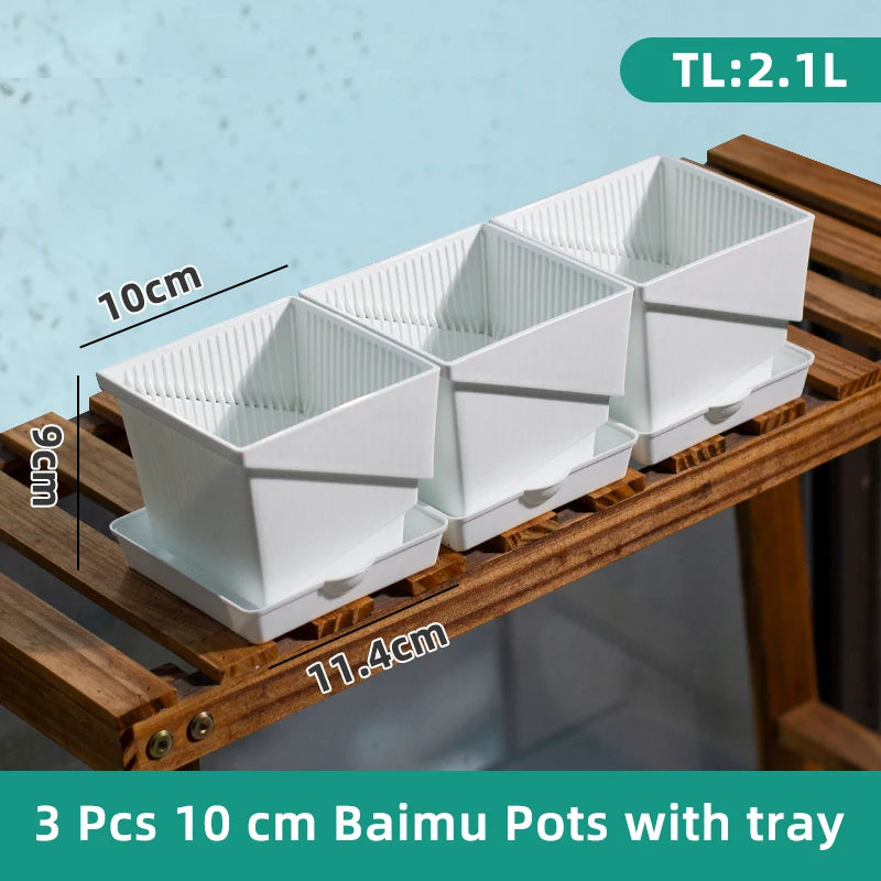Meshpot Square Plastic Succulents Planter Pots With Tray Set,Nursery Pot Cactus Plant Pot Garden Pot