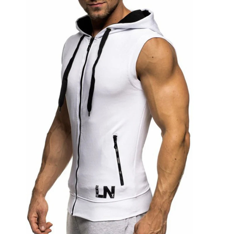 Men's Tank Top Summer Men's Clothing Casual Solid Sleeveless Tank Tops Hooded Zipper Men's Vest Bodybuilding Sportswear M-XXXL