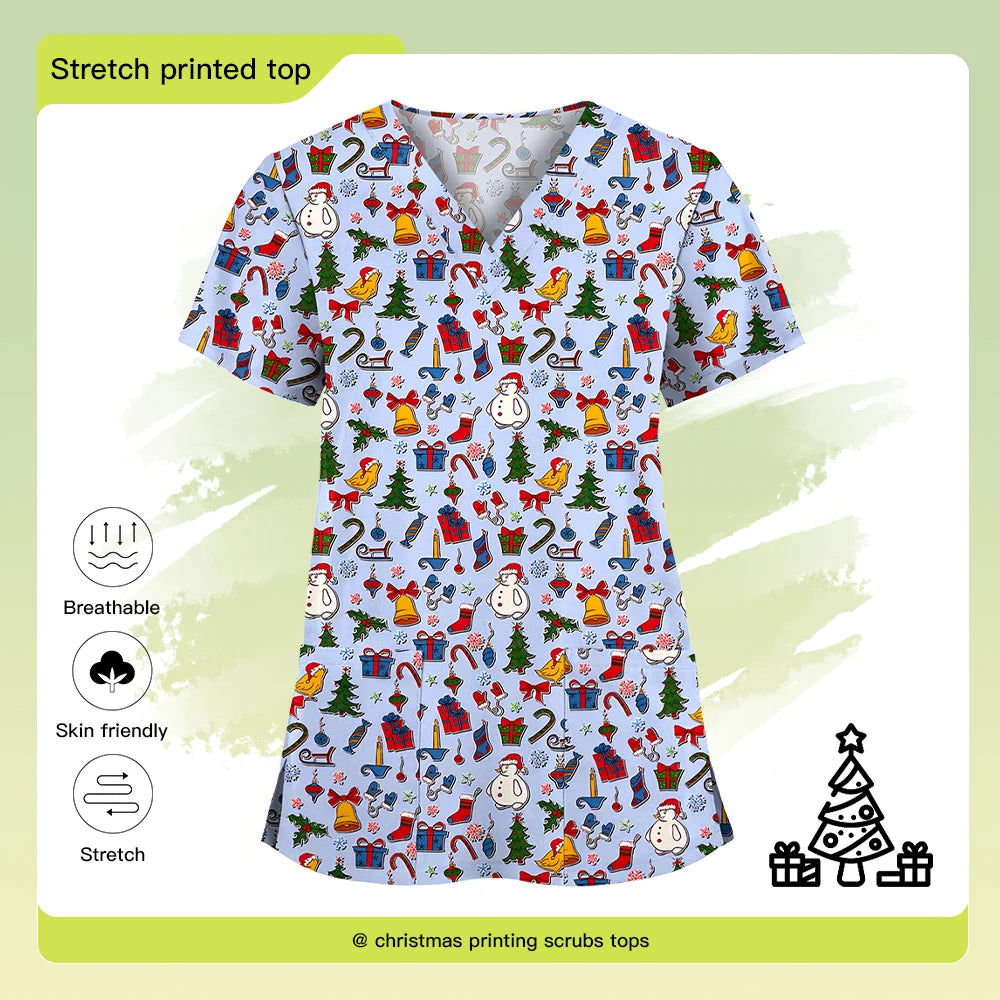 Christmas Print Scrubs Tops Women Short Sleeve V-neck Blouse Nurse Uniforms T-Shirt Medical Working Uniform Veterinary Workwear