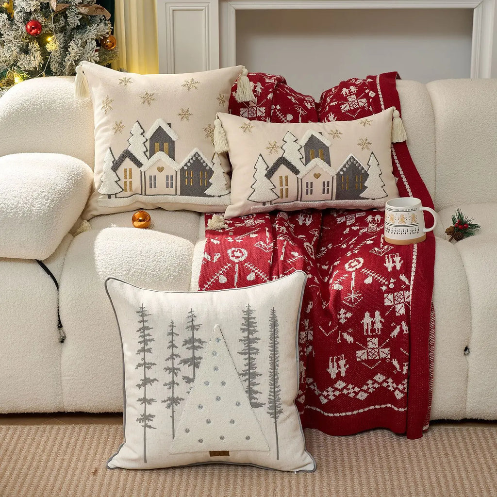 Christmas Cartoon House Embroidered Throw Pillowcase Universal Multi-Size Cushion Cover 30x50cm 45x45cm for Multi-Room Decor
