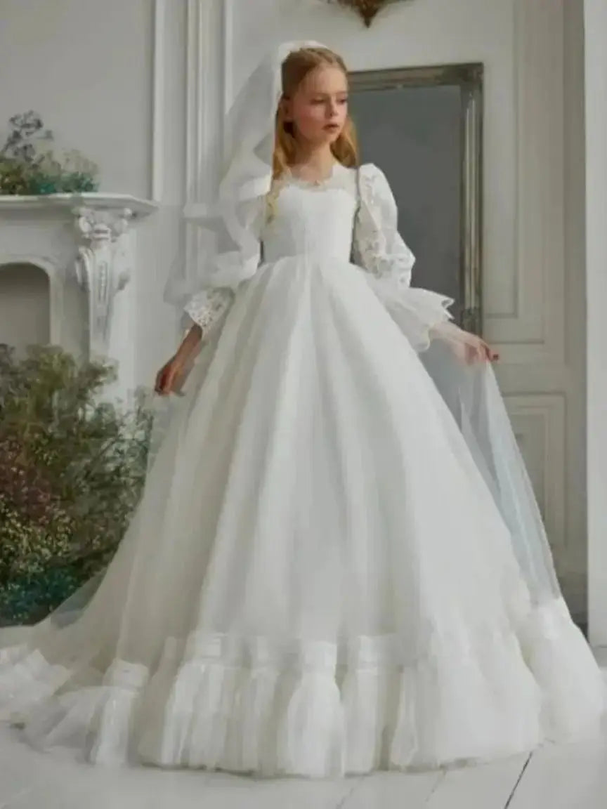 Elegant Tiered Flower Girl Dresses For Wedding Short Sleeves Tulle Glitter Sequined Appliques First Communion Ball Prom Gowns