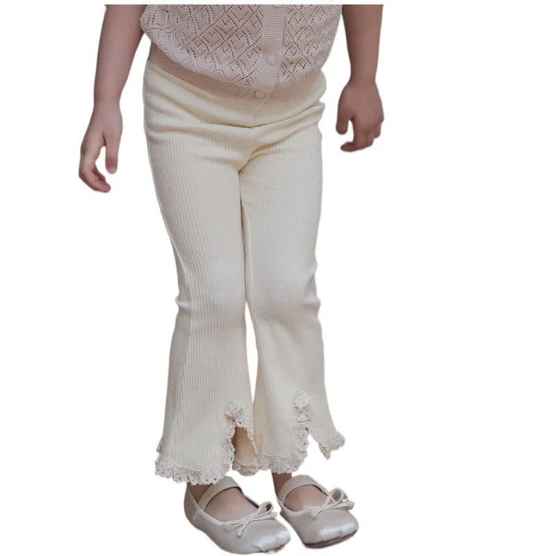 Little Girl's Flared Pants for Spring and Autumn New Fashionable Girls Clothing Korean Version Solid Color Lace Split Trousers