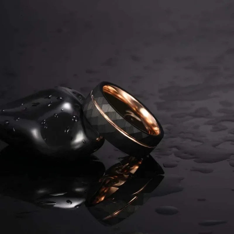 Tigrade 4mm 6mm 8mm Black Tungsten Rings for Men Women Thin Rose Gold Groove Hammered Wedding Band Ring Comfort Fit Size 5-14
