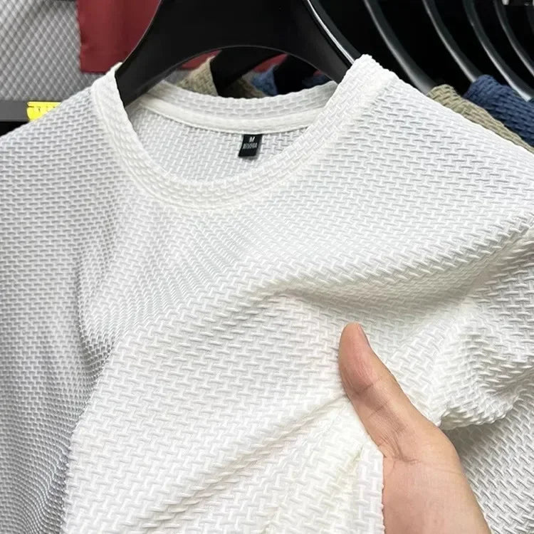 Men's Short Sleeve Mesh Bamboo Ice Silk T-shirt Casual Versatile Summer Elastic Slimming Top for Men