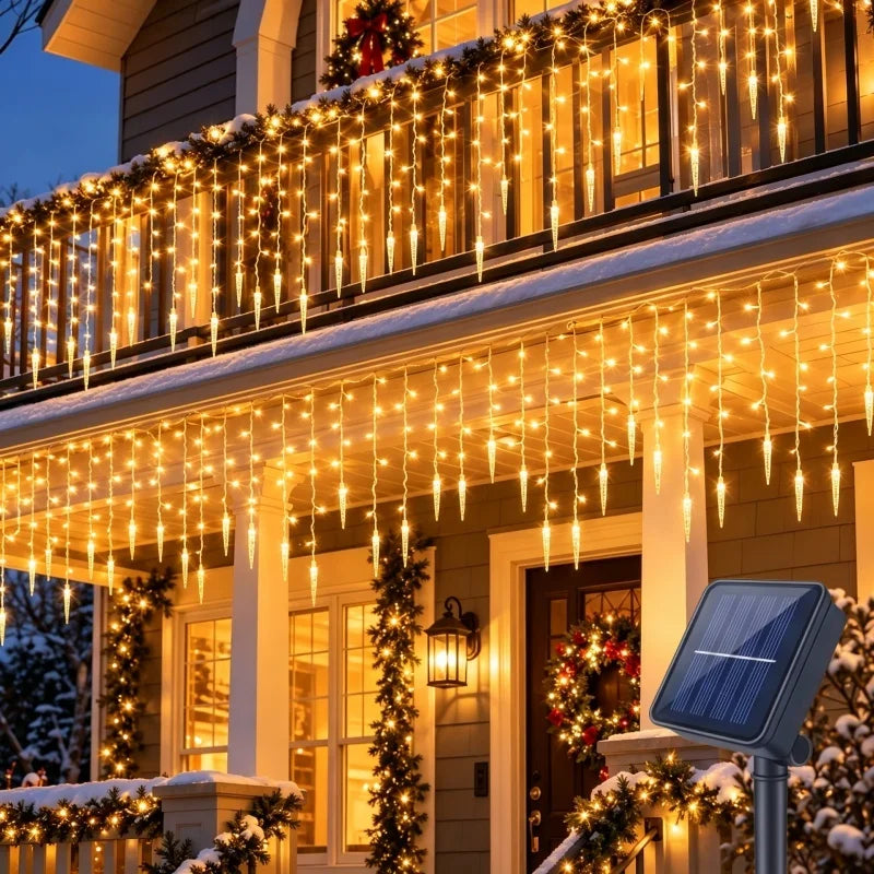 9M 162LEDs Solar Curtain Icicle Light Outdoor Eaves Decor String Lights Garden Party Yard Christmas Decoration Holiday Garlands