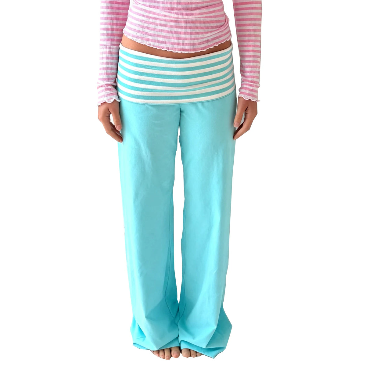 Women Summer y2k Vintage Striped Print Wide Leg Yoga Pants Fold Over Low Waist Casual Slim Loungewear Pants Trousers Streetwear